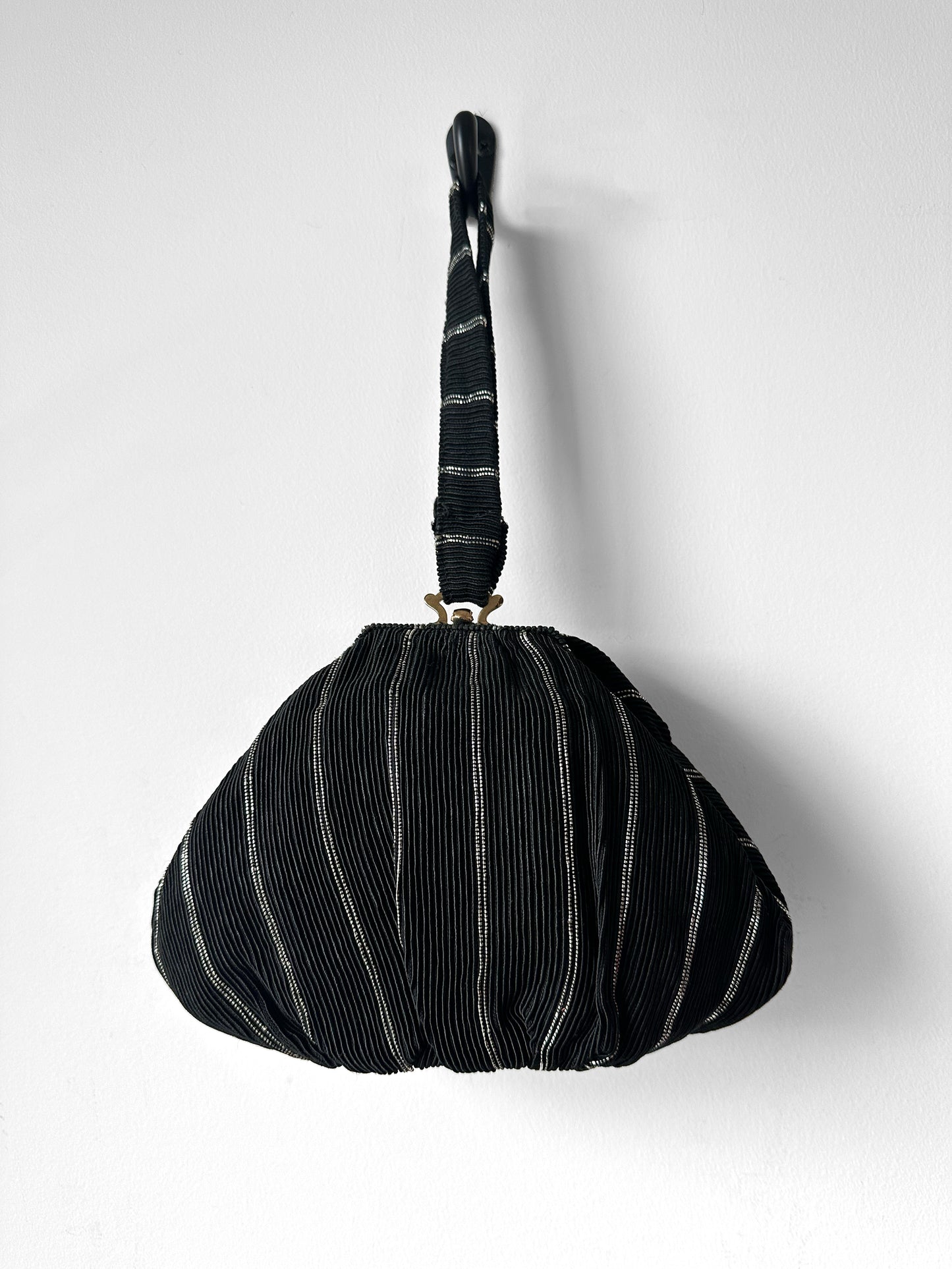 1950s Mid-Century Black Silver Ribbed Fabric Handbag with Coin Purse