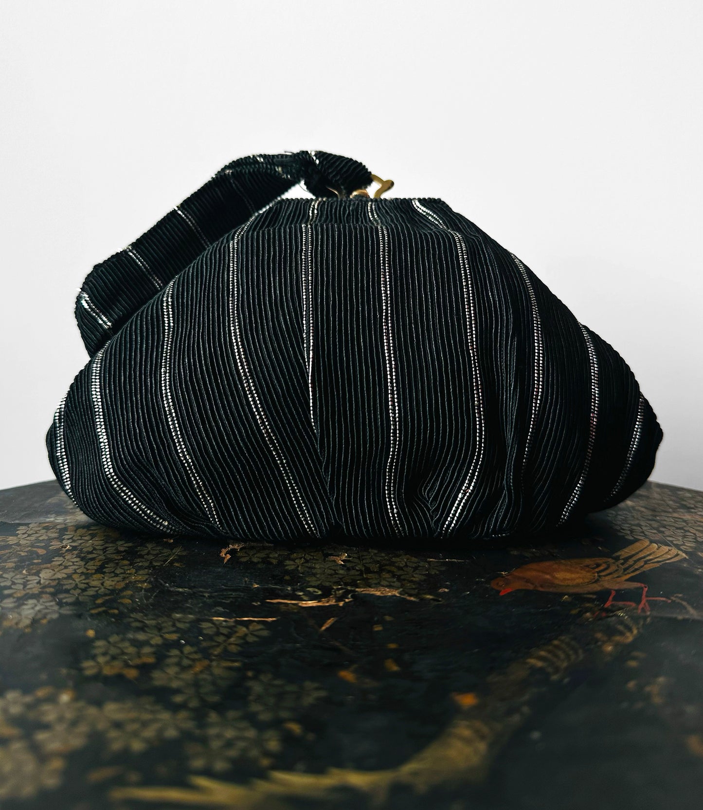 1950s Mid-Century Black Silver Ribbed Fabric Handbag with Coin Purse