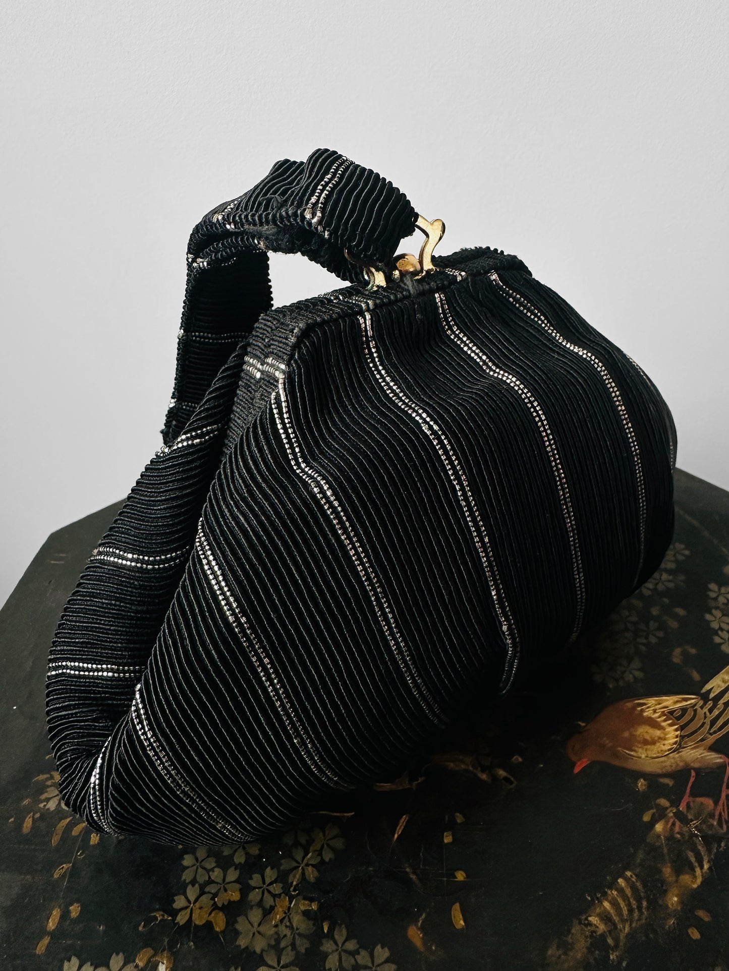 1950s Mid-Century Black Silver Ribbed Fabric Handbag with Coin Purse