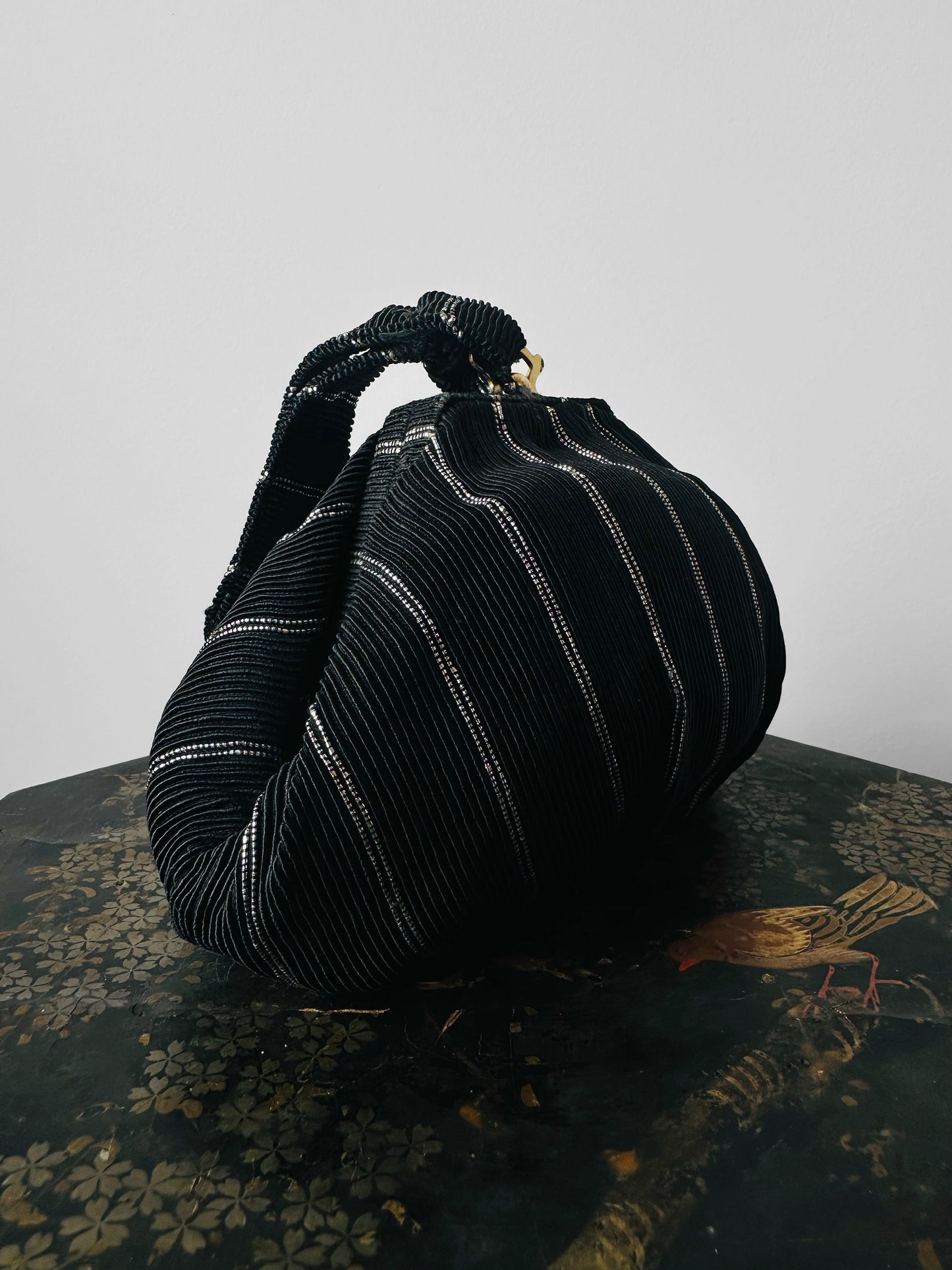 1950s Mid-Century Black Silver Ribbed Fabric Handbag with Coin Purse
