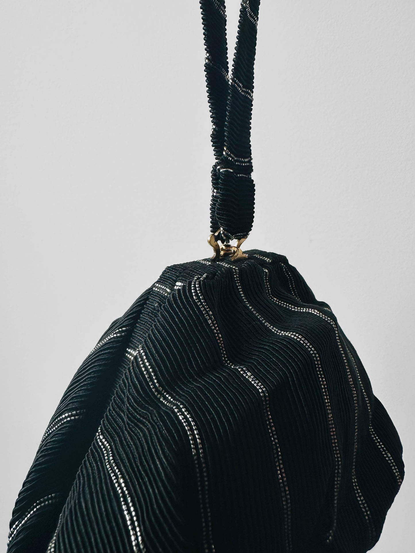 1950s Mid-Century Black Silver Ribbed Fabric Handbag with Coin Purse