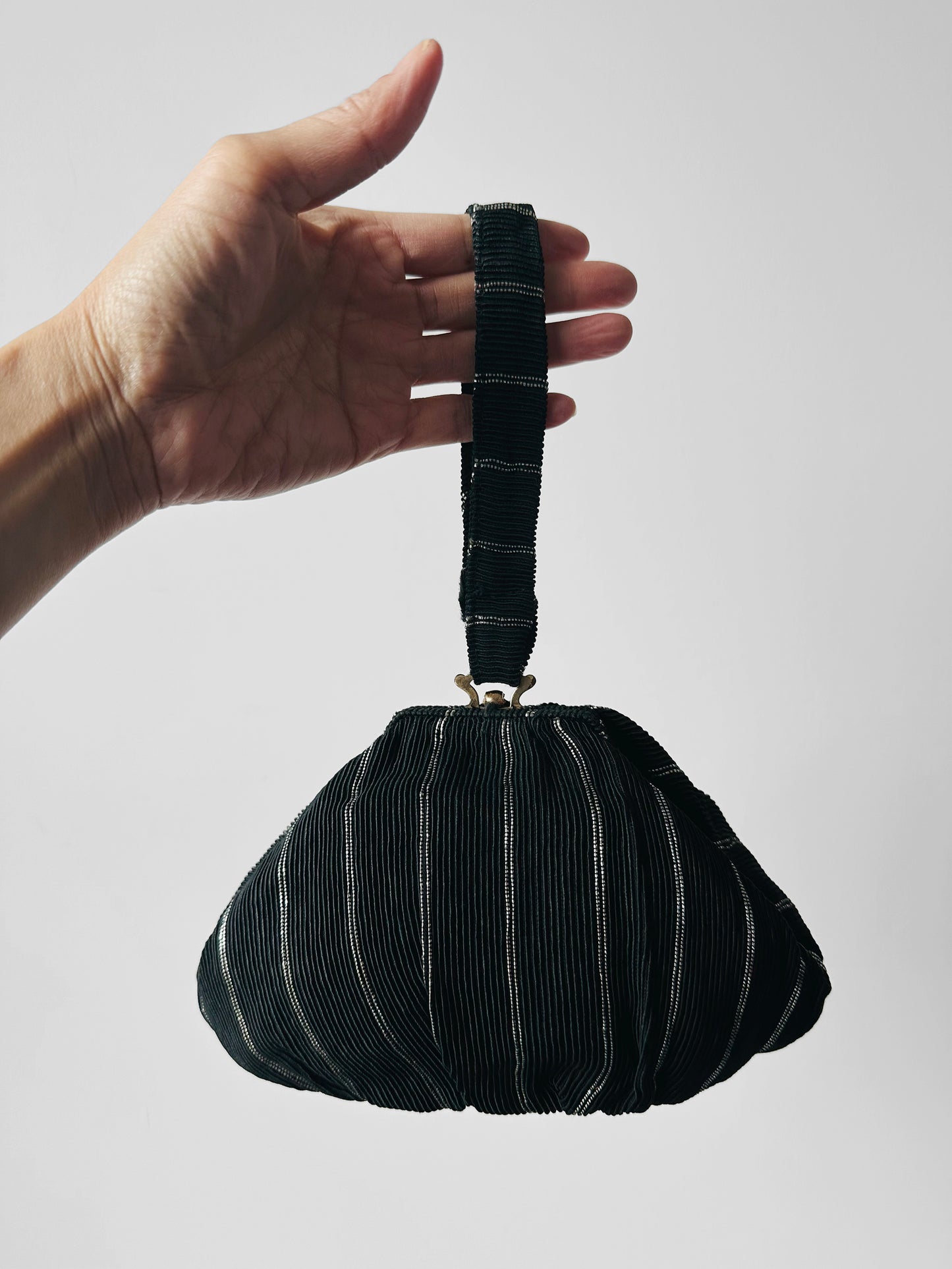 1950s Mid-Century Black Silver Ribbed Fabric Handbag with Coin Purse