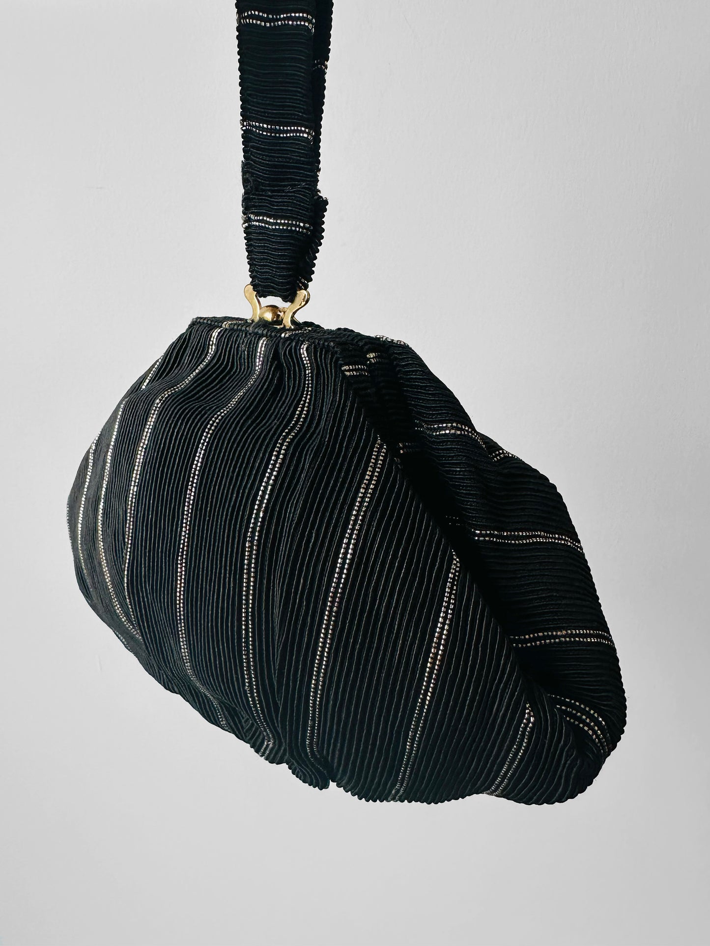1950s Mid-Century Black Silver Ribbed Fabric Handbag with Coin Purse
