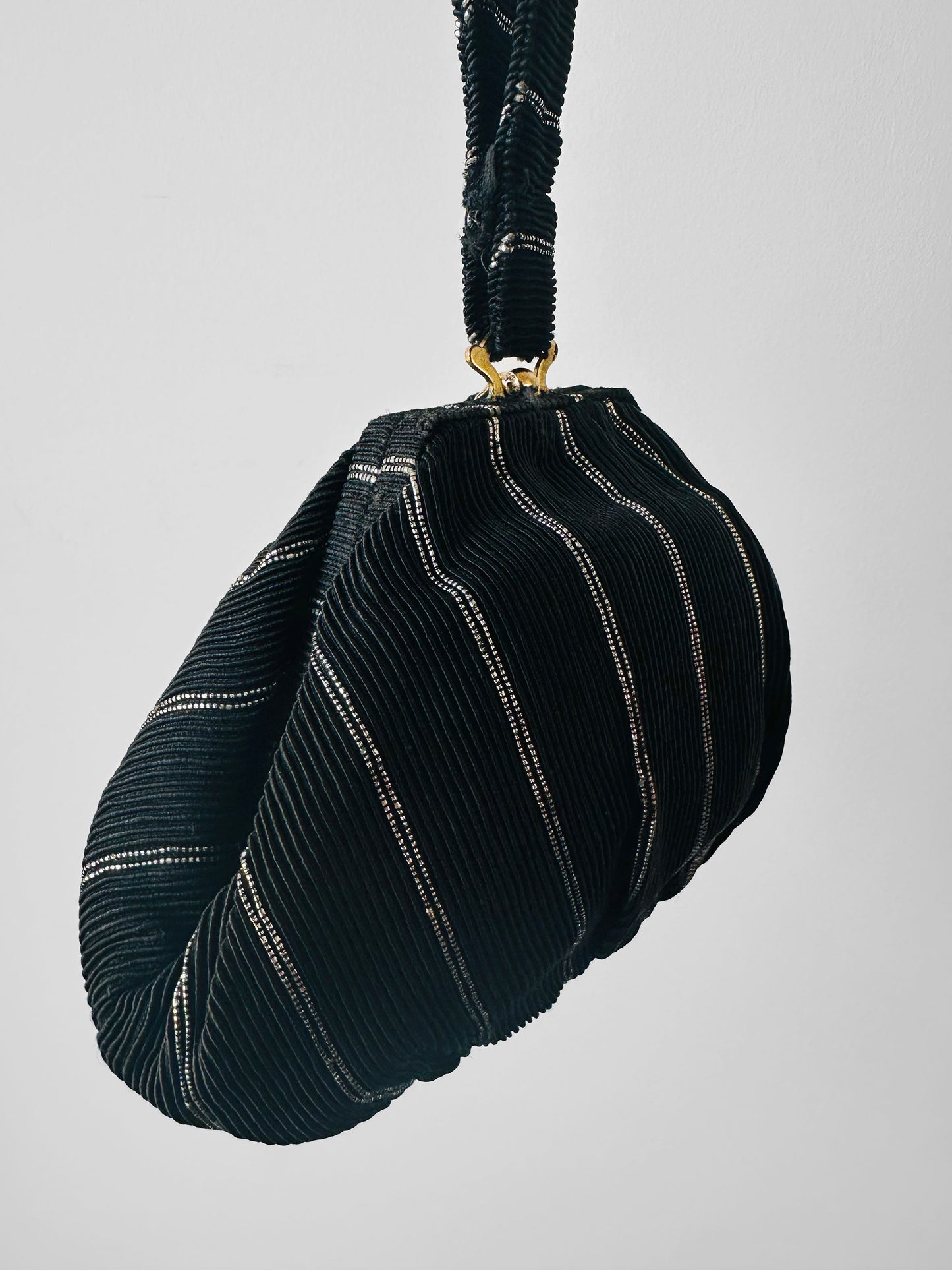 1950s Mid-Century Black Silver Ribbed Fabric Handbag with Coin Purse