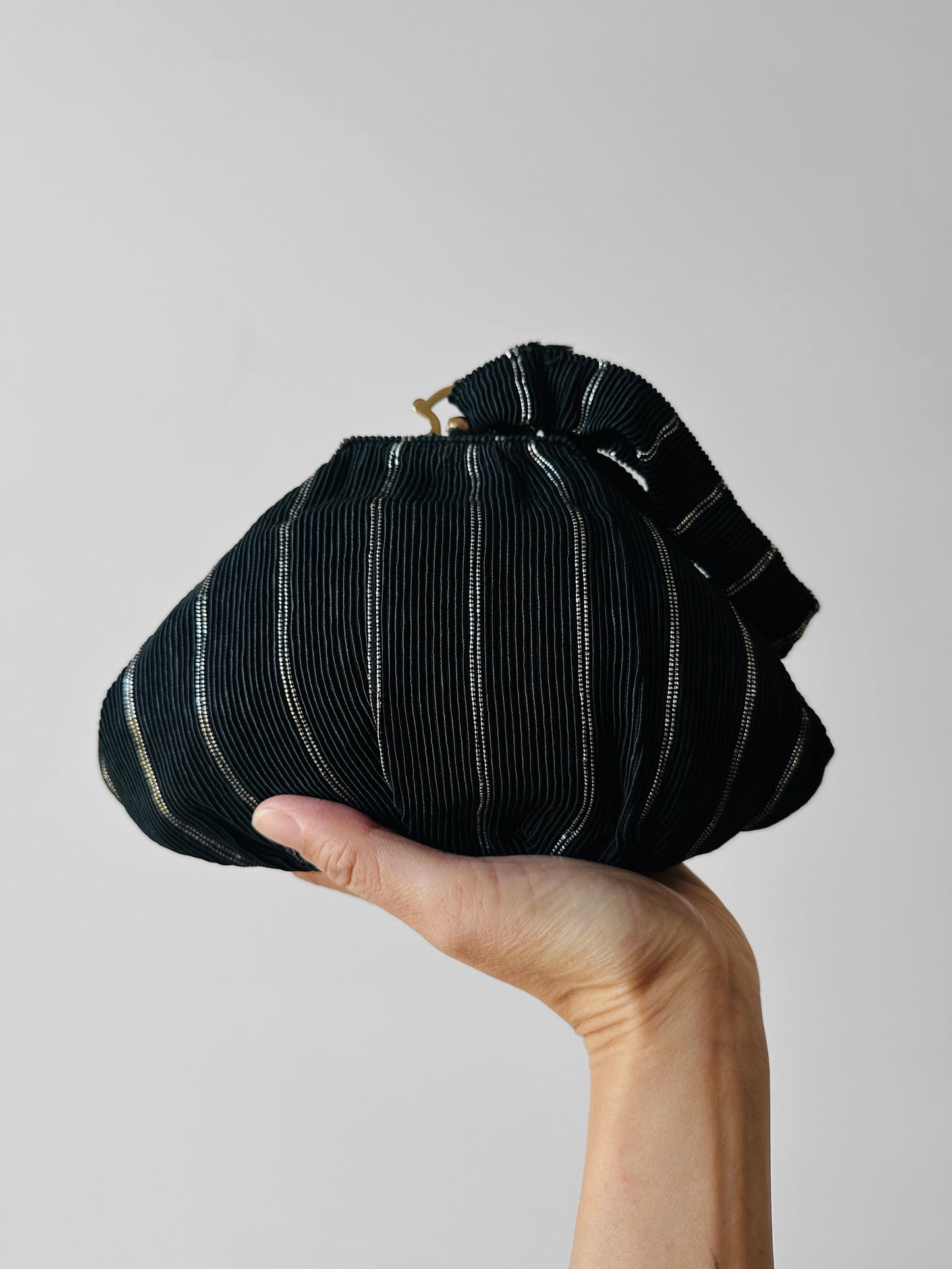 1950s Mid-Century Black Silver Ribbed Fabric Handbag with Coin Purse