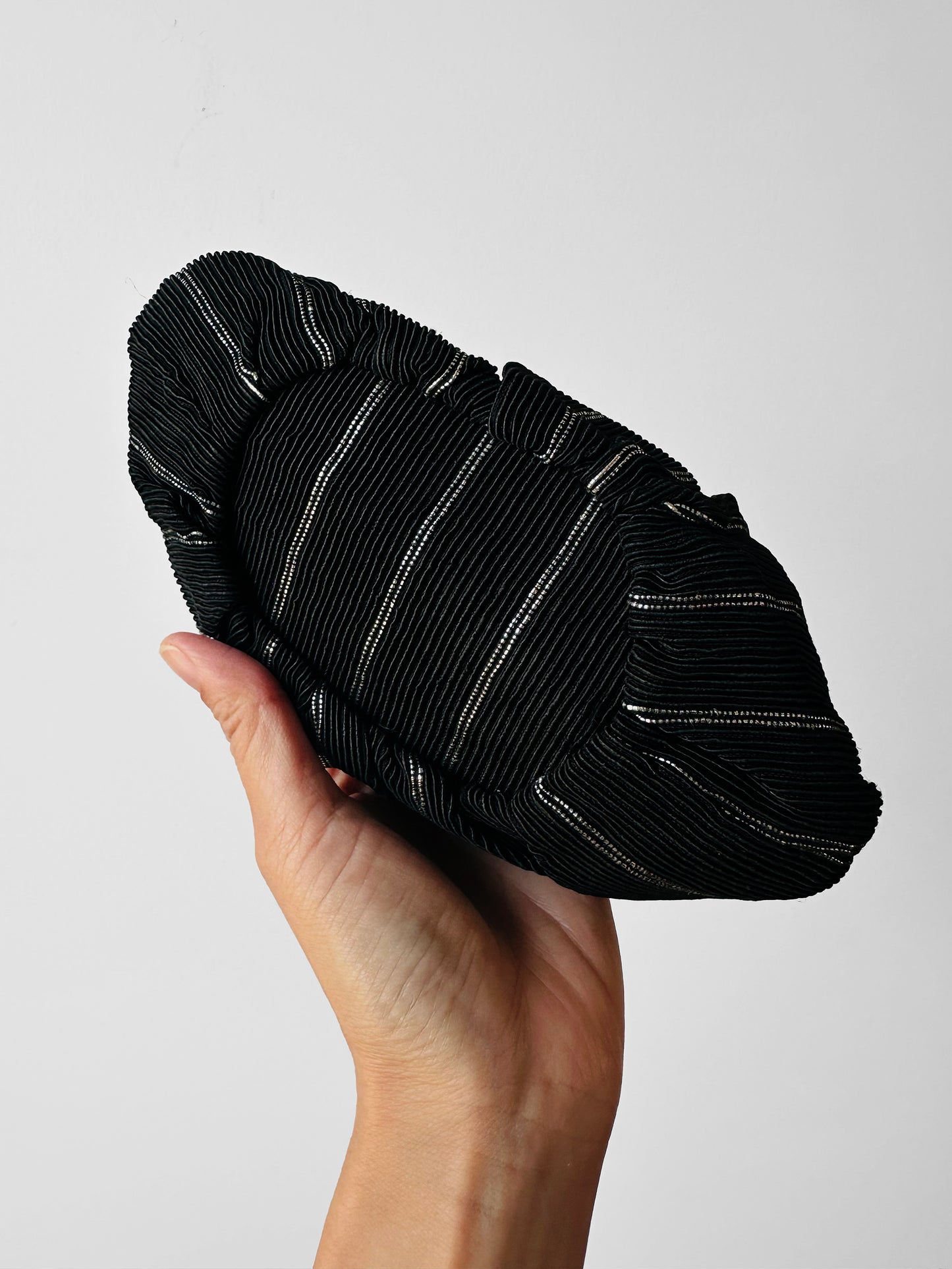 1950s Mid-Century Black Silver Ribbed Fabric Handbag with Coin Purse