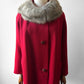 1950s Mid-Century Red Textured A-Line Wool Coat with Grey Fur Collar - Sz. S/M