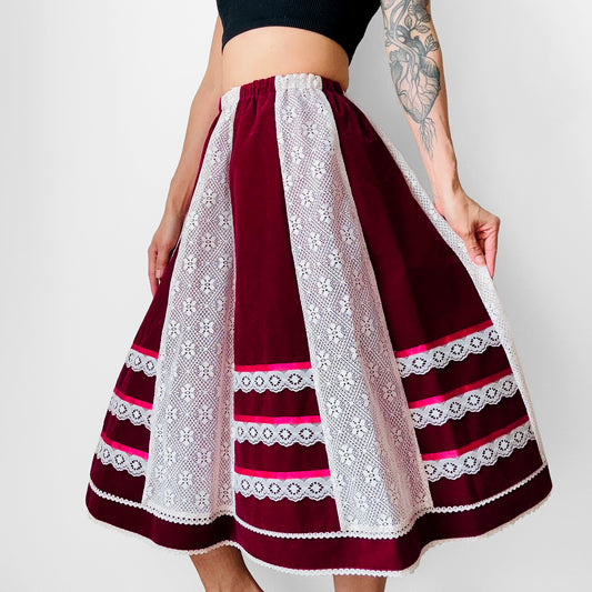 1970s Burgundy and White Lace and Micro Velvet Fit and Flare Prairie Skirt - Sz. M/L