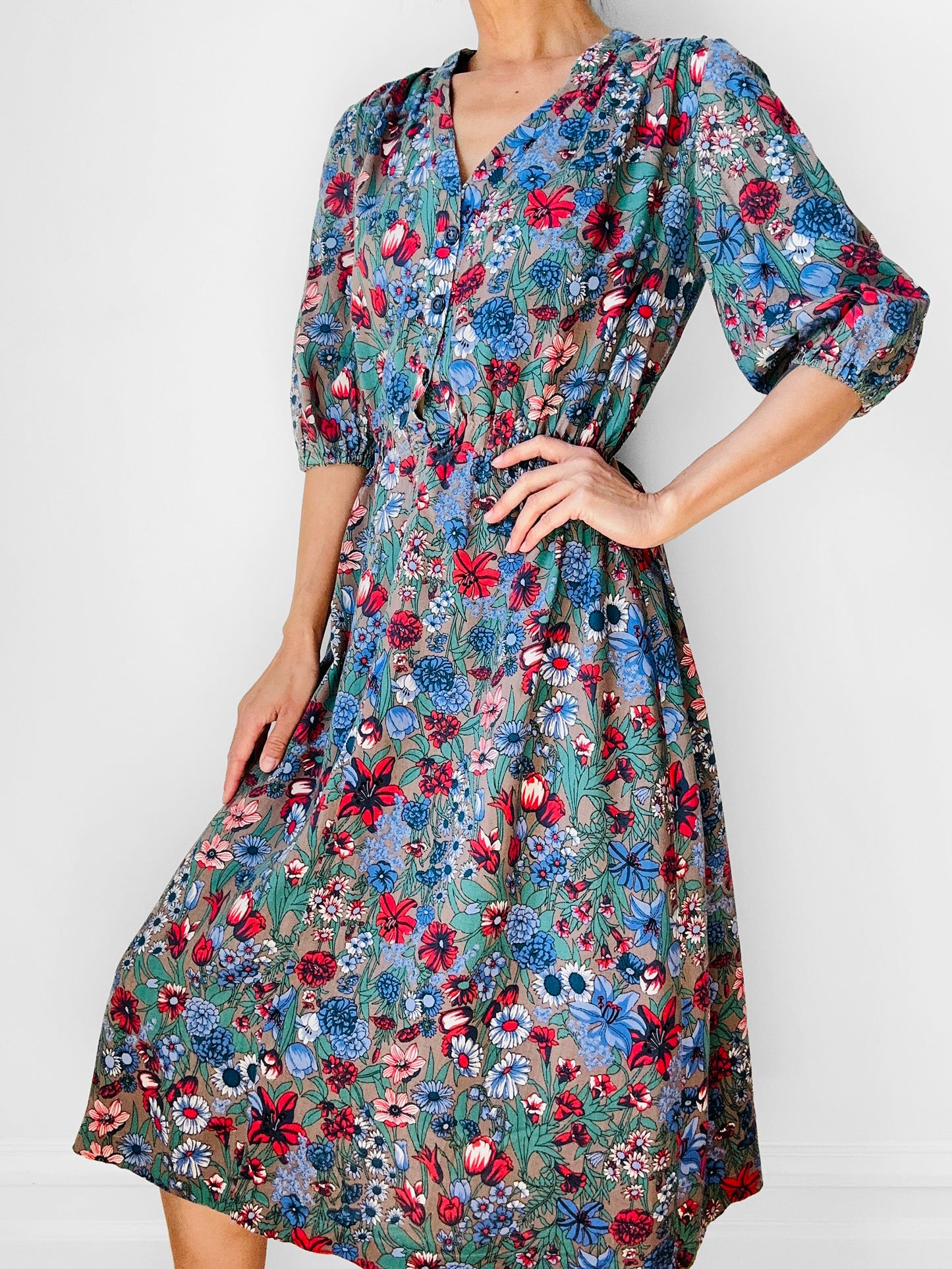 1960s Blue Red Floral Button Front Cotton Dress - Sz. Sm