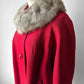 1950s Mid-Century Red Textured A-Line Wool Coat with Grey Fur Collar - Sz. S/M