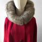 1950s Mid-Century Red Textured A-Line Wool Coat with Grey Fur Collar - Sz. S/M
