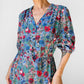 1960s Blue Red Floral Button Front Cotton Dress - Sz. Sm