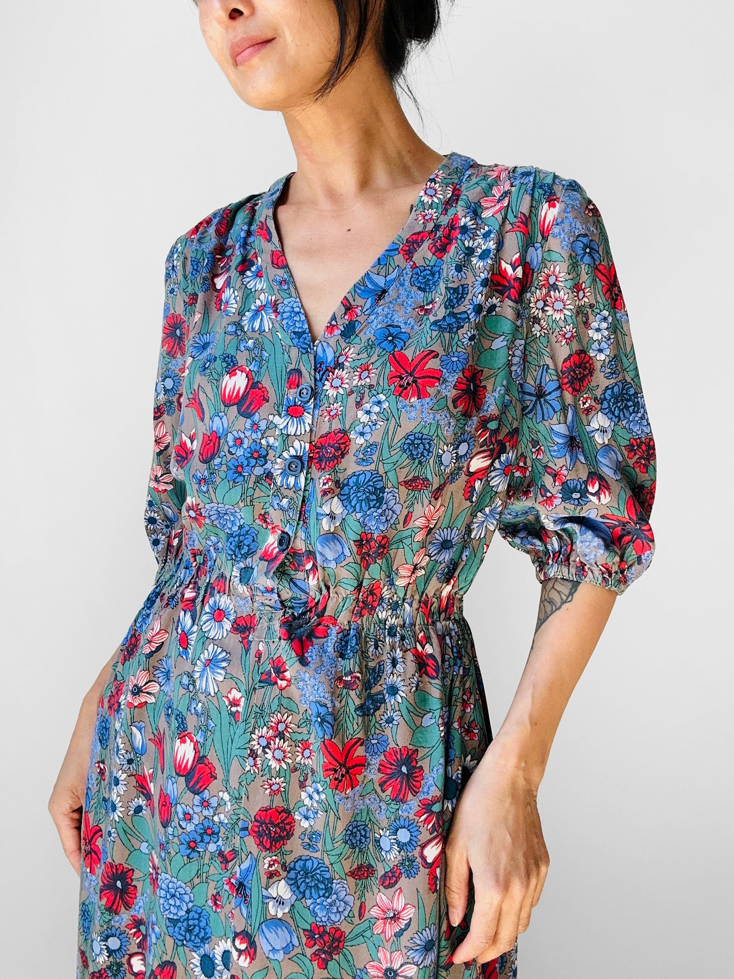 1960s Blue Red Floral Button Front Cotton Dress - Sz. Sm