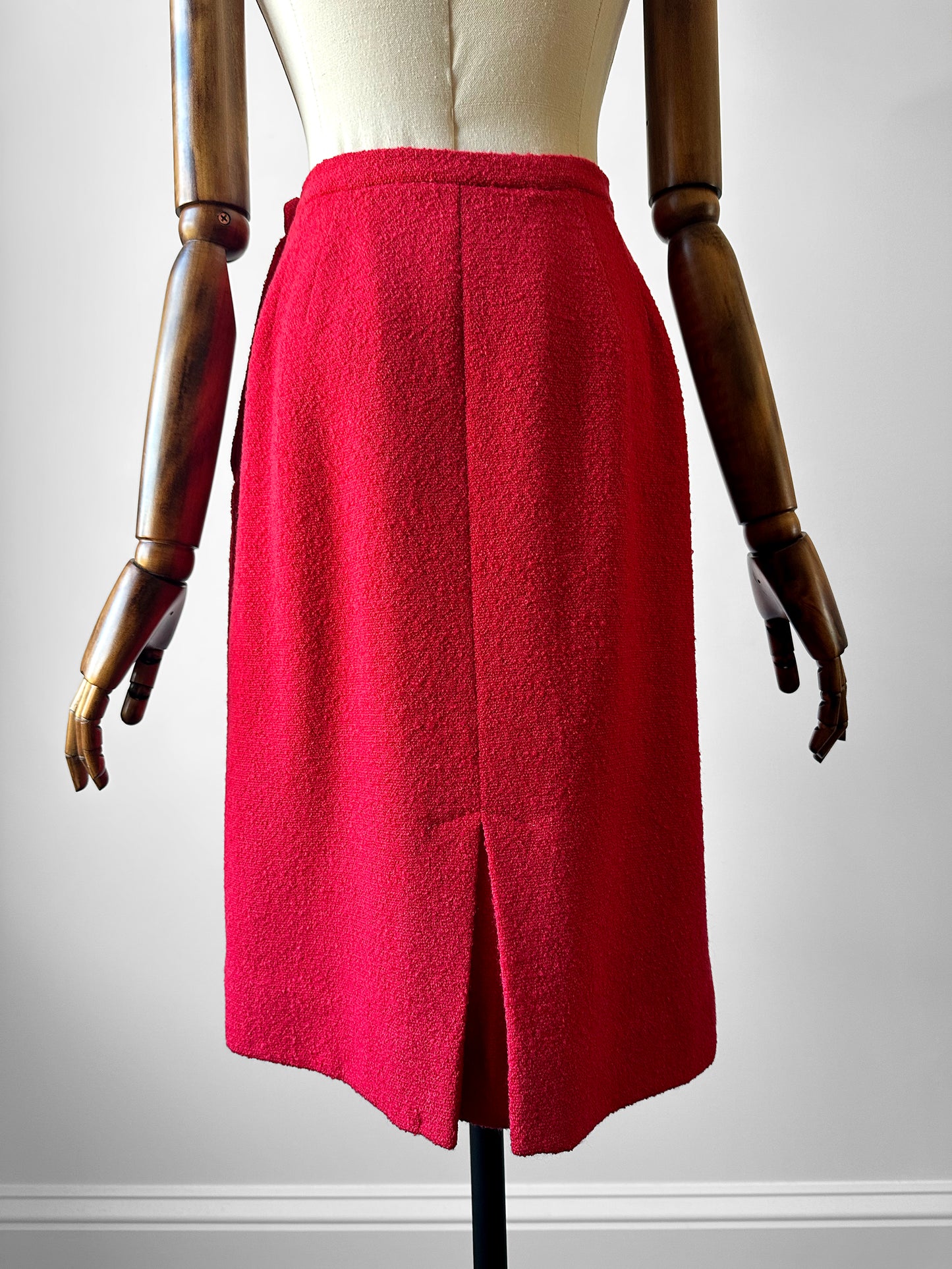 1960s Mid-Century Red Boucle Wool Skirt Suit with Decorative Tassel Buttons - Sz. Small