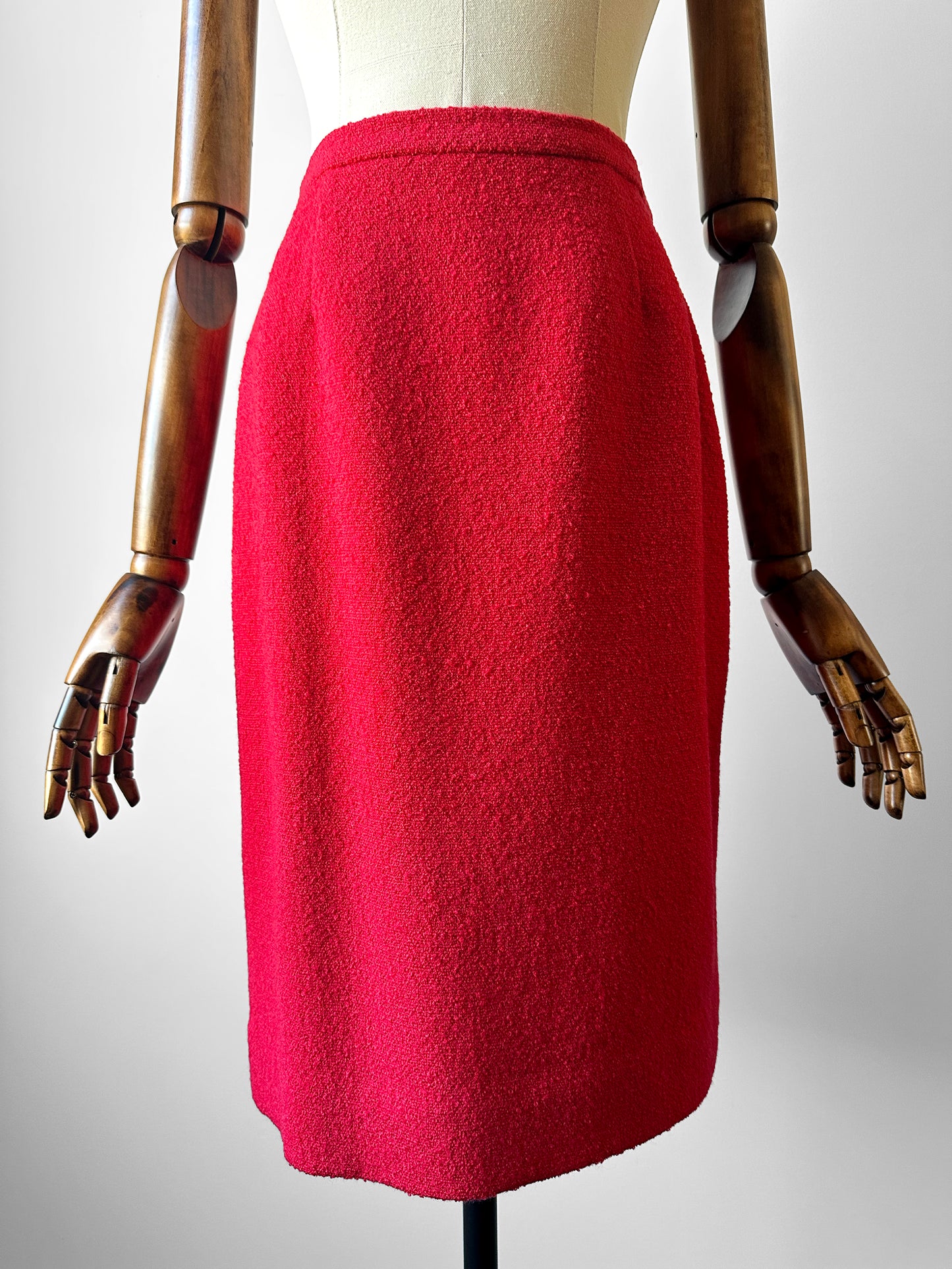 1960s Mid-Century Red Boucle Wool Skirt Suit with Decorative Tassel Buttons - Sz. Small