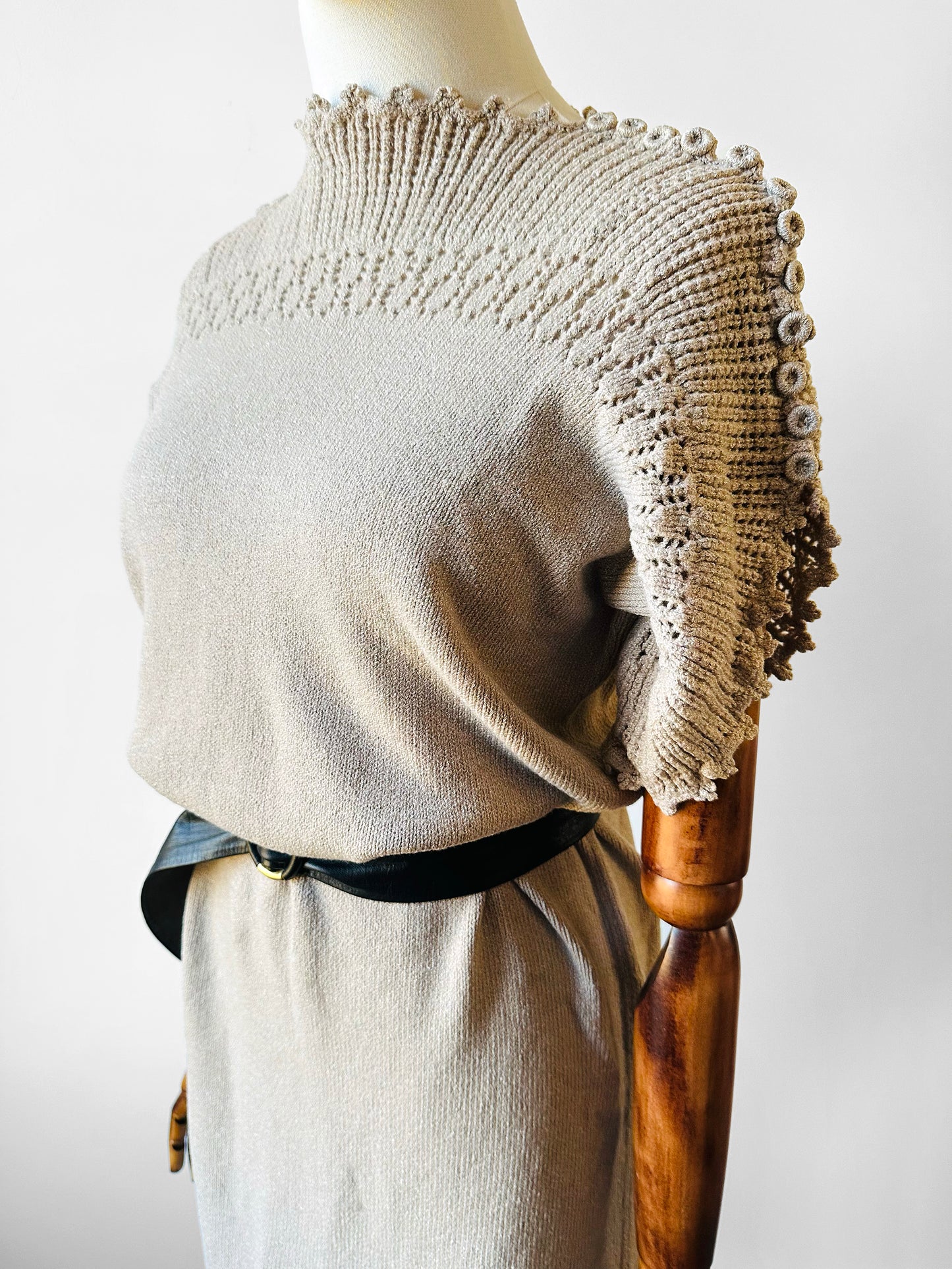 1970s Grey Beige Knit Button Detail Midi-Length Dress - Sz. S/M