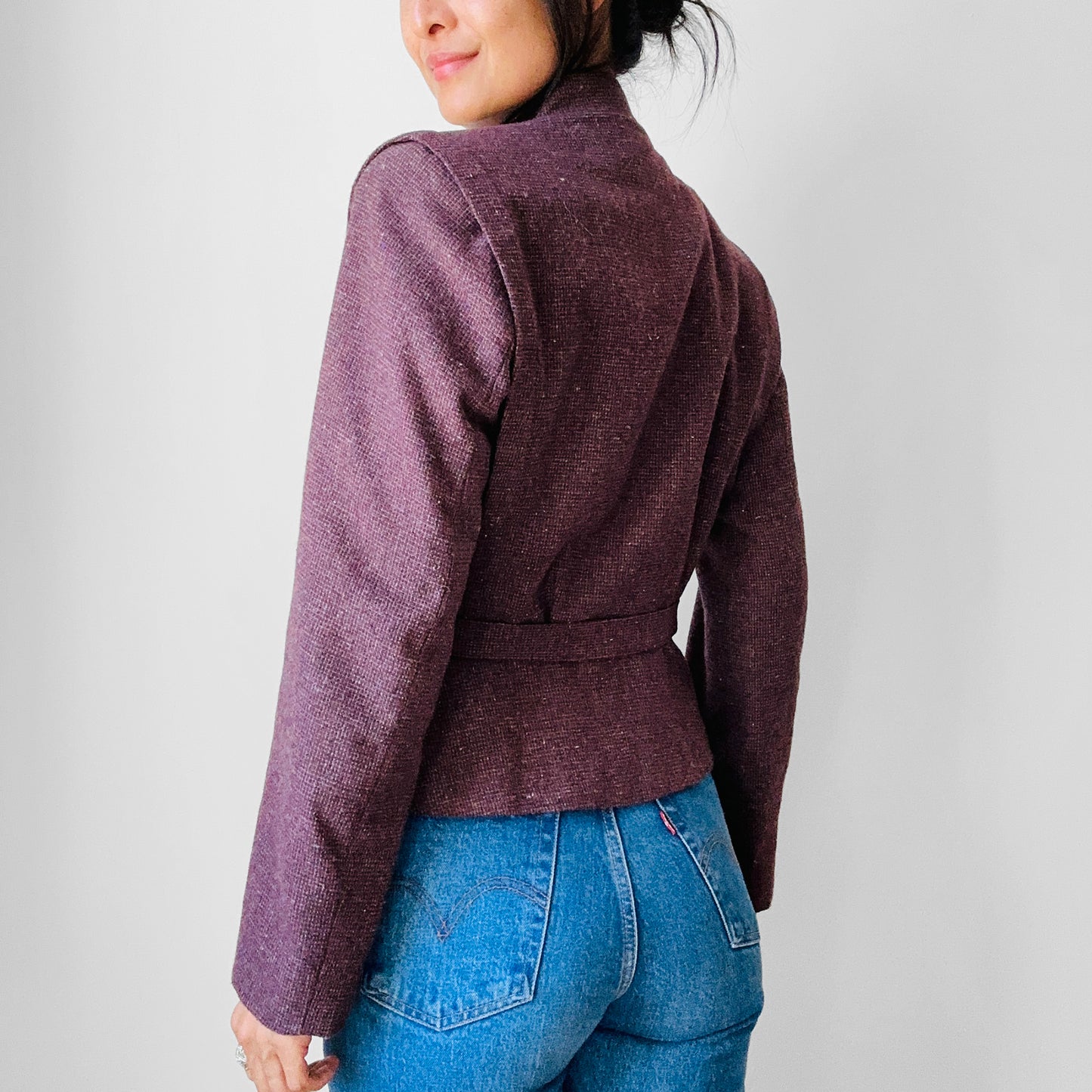 1970s - 1980s Mauve Tweed Tapered Waist Peplum Blazer Jacket - Sz. Sm