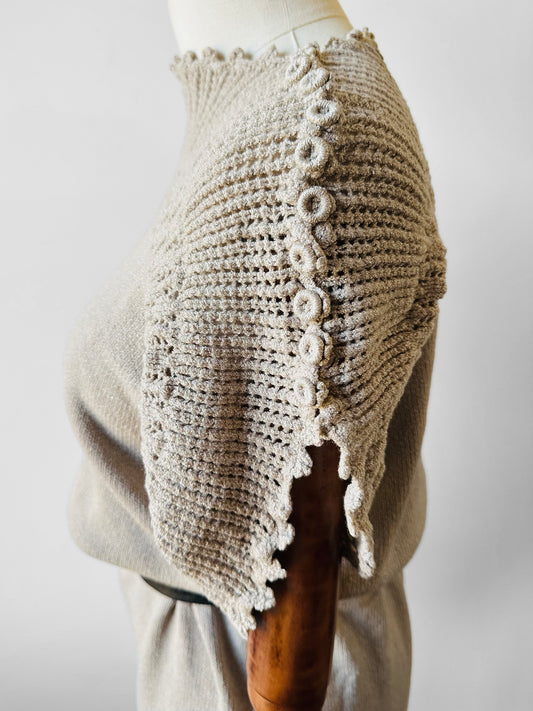 1970s Grey Beige Knit Button Detail Midi-Length Dress - Sz. S/M