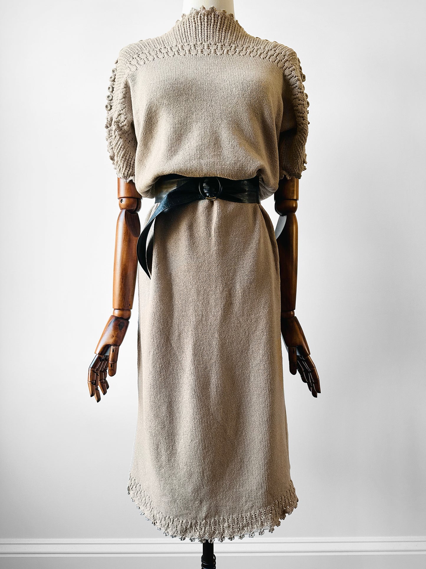 1970s Grey Beige Knit Button Detail Midi-Length Dress - Sz. S/M