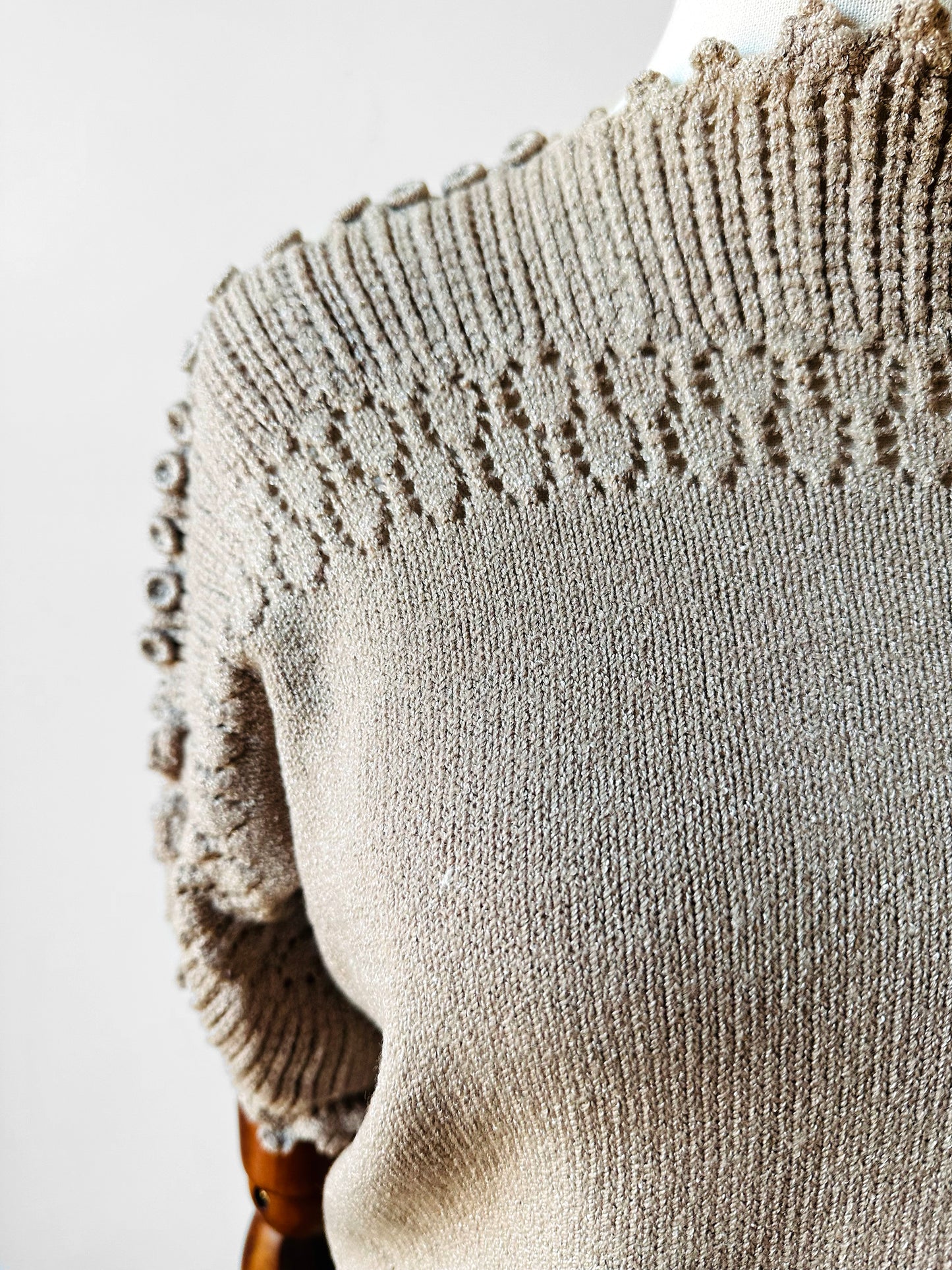 1970s Grey Beige Knit Button Detail Midi-Length Dress - Sz. S/M