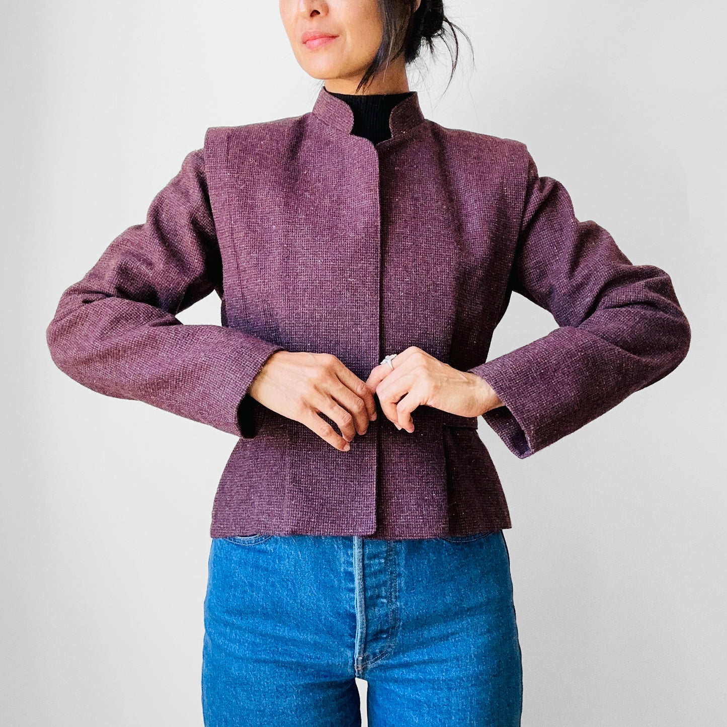 1970s - 1980s Mauve Tweed Tapered Waist Peplum Blazer Jacket - Sz. Sm