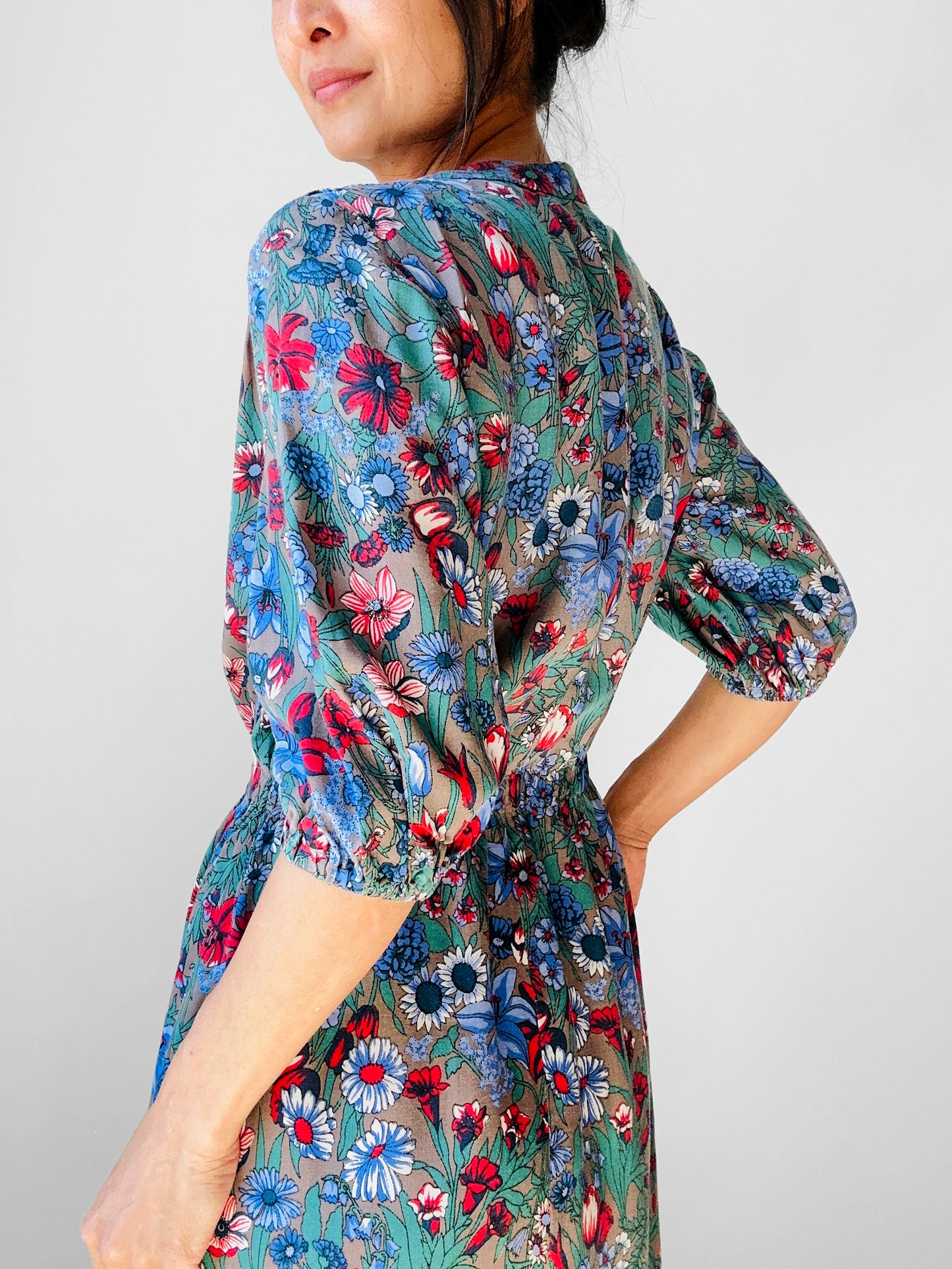 1960s Blue Red Floral Button Front Cotton Dress - Sz. Sm