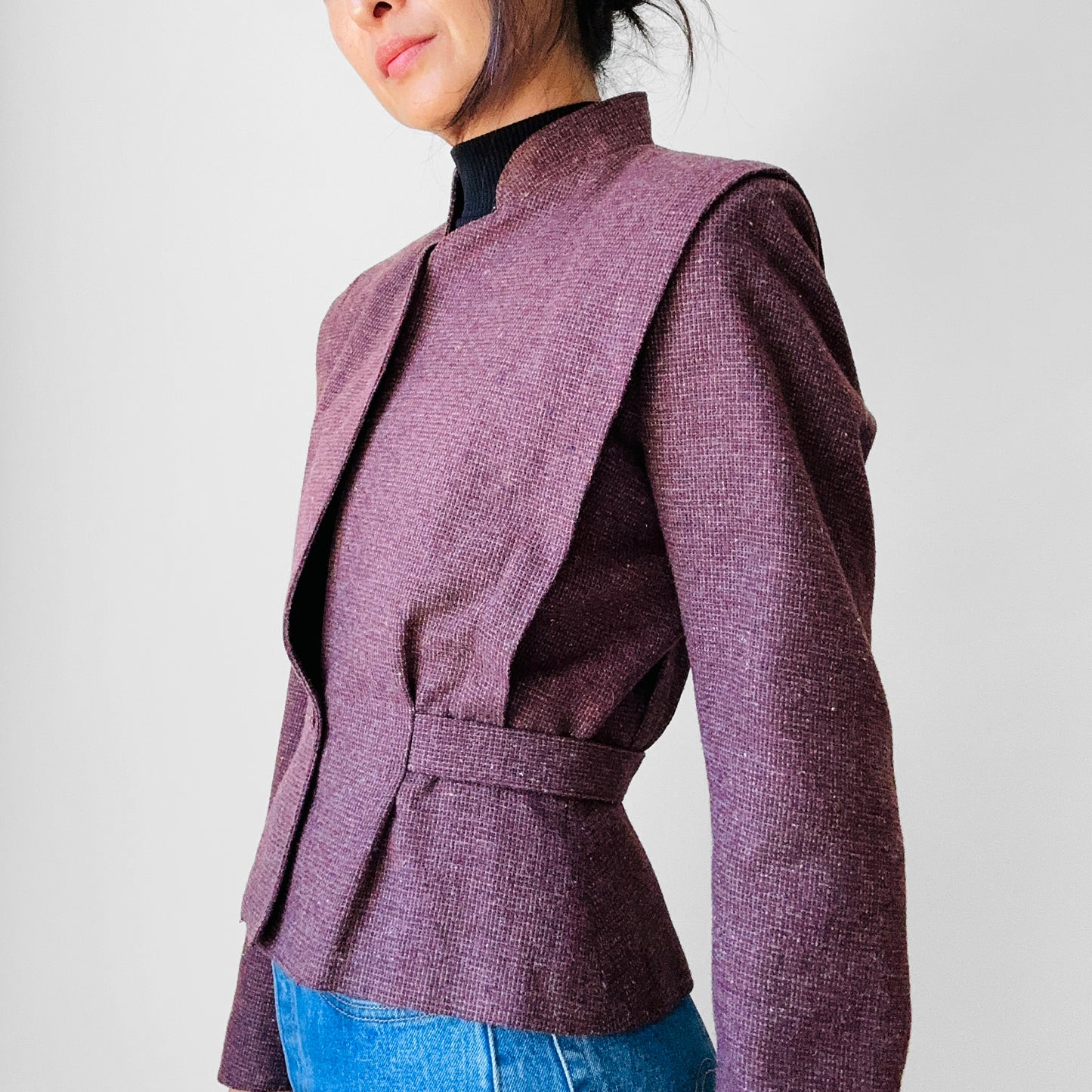 1970s - 1980s Mauve Tweed Tapered Waist Peplum Blazer Jacket - Sz. Sm