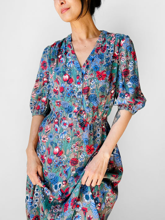 1960s Blue Red Floral Button Front Cotton Dress - Sz. Sm