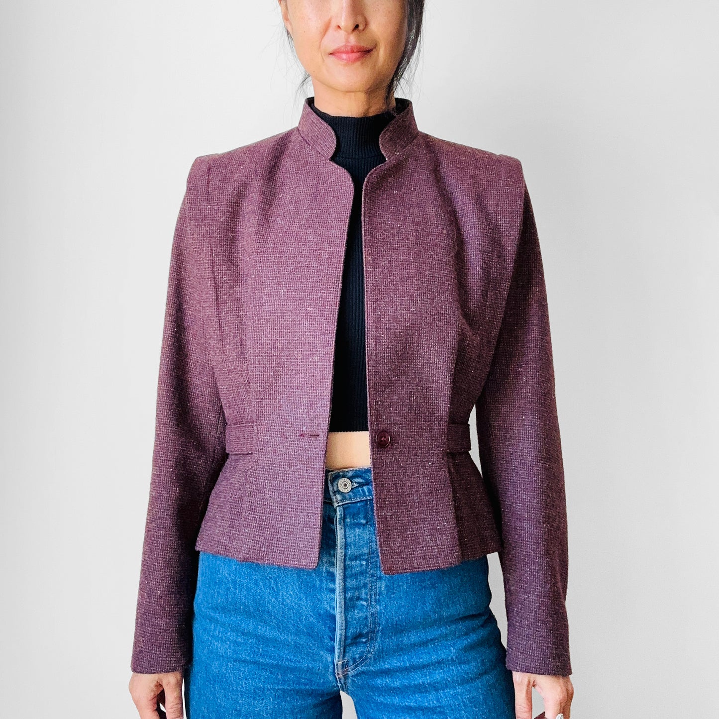 1970s - 1980s Mauve Tweed Tapered Waist Peplum Blazer Jacket - Sz. Sm