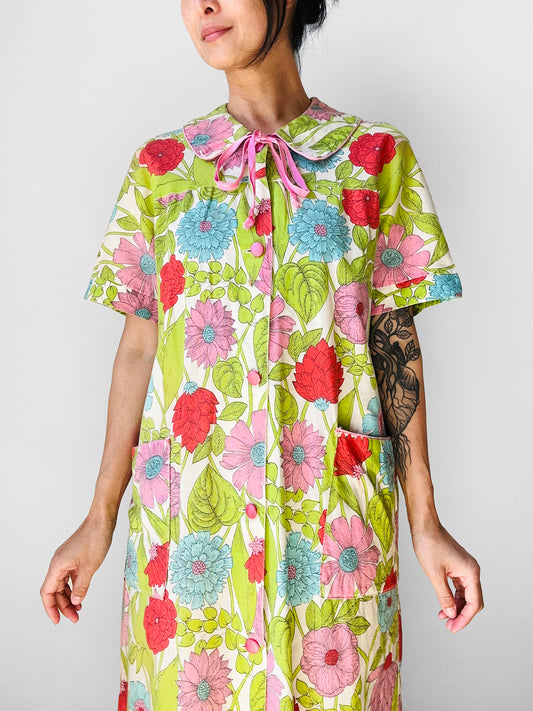1950s - 1960s Floral Button Front House Dress - Sz. S/M