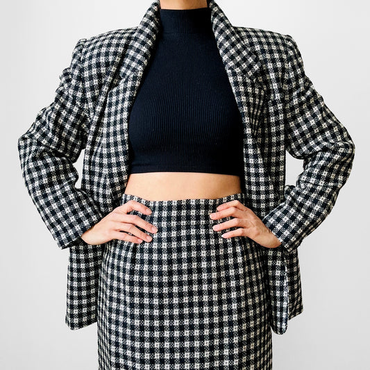 1980s Black and White Wool Gingham Patterned Blazer and Skirt Set - Sz. M