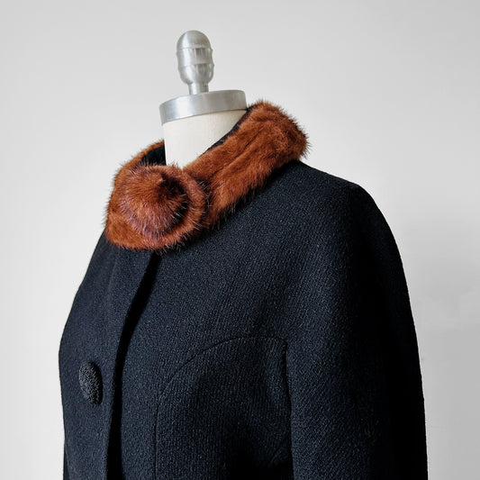 Vintage 1960s Black Mink Fur-Collar Big-Button Crop Wool Jacket - Sz. XS