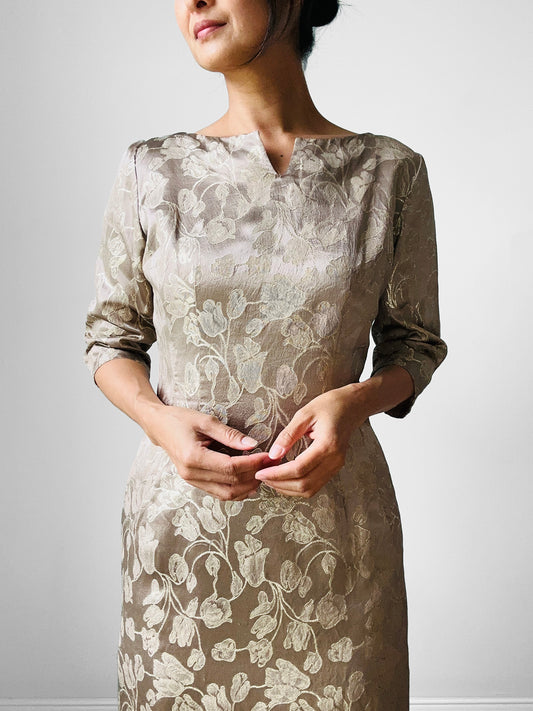 1960s Champagne Floral Shimmery Zip Back Floral Dress - Sz. Sm