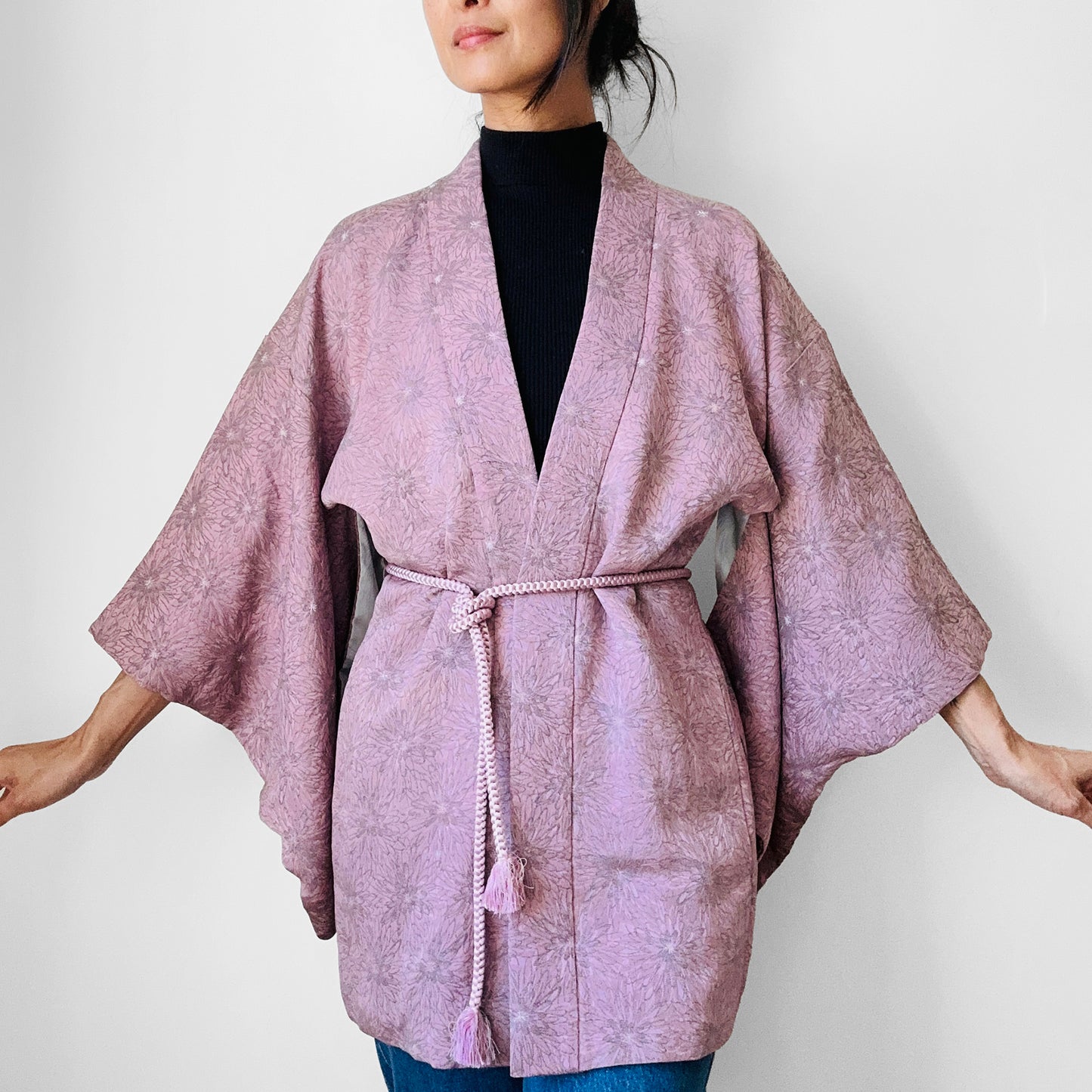 1980s Mauve Floral Silk Haori Kimono Jacket - O/S