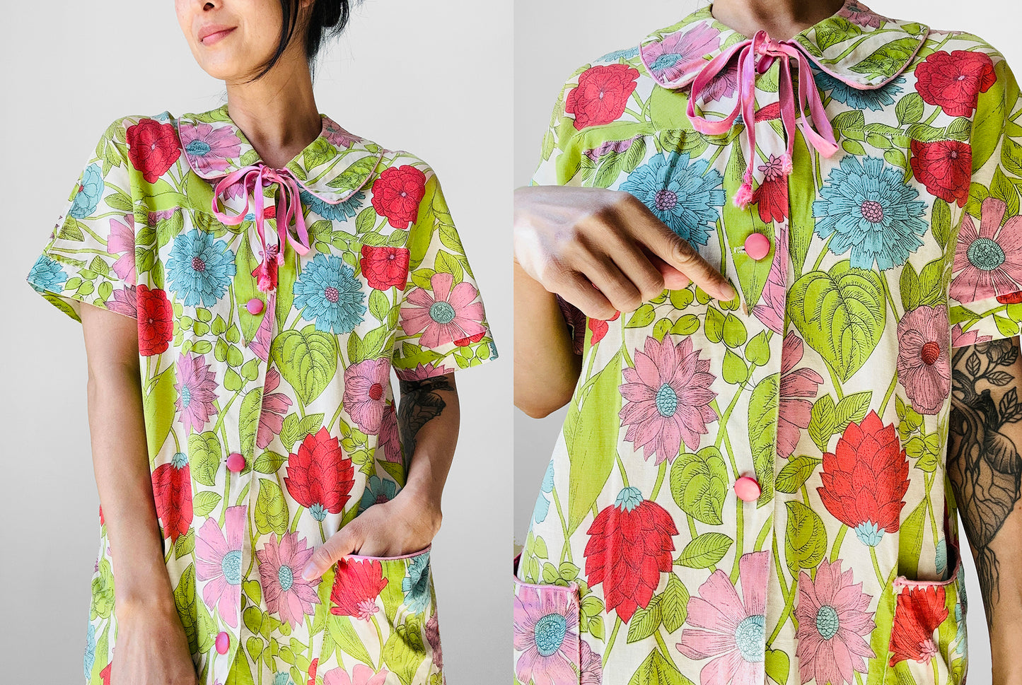 1950s - 1960s Floral Button Front House Dress - Sz. S/M