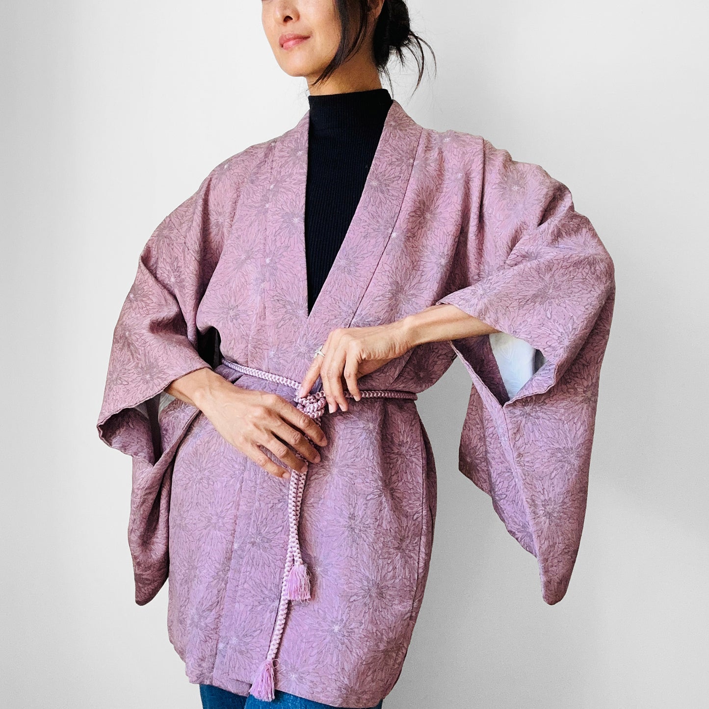 1980s Mauve Floral Silk Haori Kimono Jacket - O/S