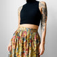 1960s - 1970s Yellow Blue Rust Floral Pleated Fit and Flare Knee-Length Skirt - Sz. XS/S