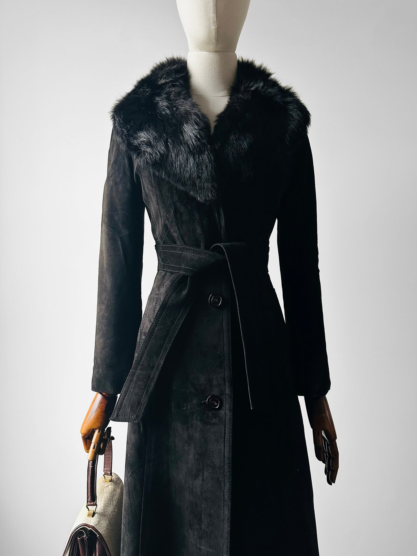 1970s Black Suede Belted Trench coat with Fur Collar and Quilted Lining - Sz. XXS/XS