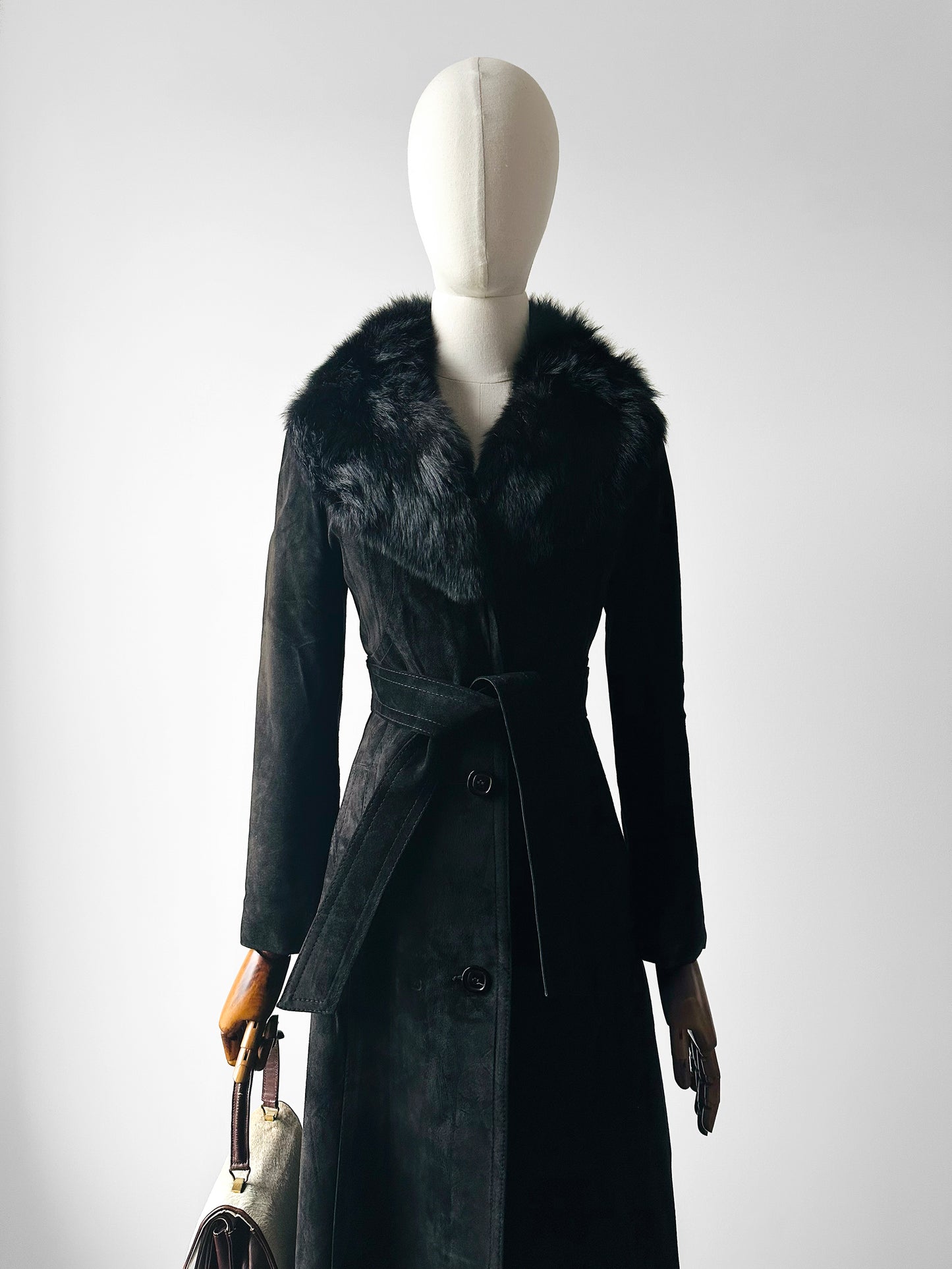 1970s Black Suede Belted Trench coat with Fur Collar and Quilted Lining - Sz. XXS/XS