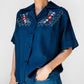 1960s Navy Blue Guazey Cotton Floral Embroidered Shirt - Sz. S/M