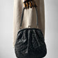 1950s Mid-Century Black Embossed Stippled Leather Kiss-Lock Handbag