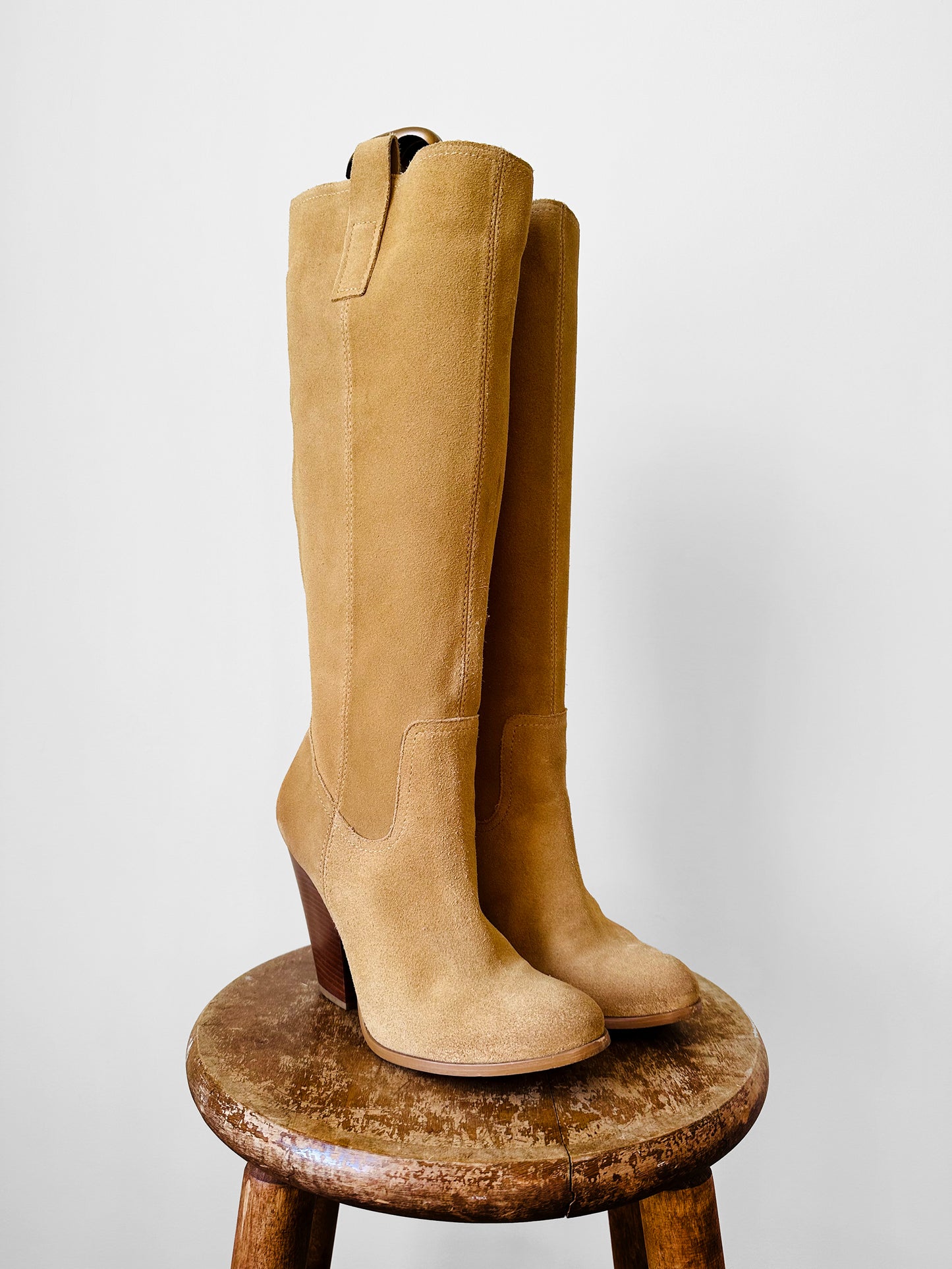 Y2K Tan NATURALIZER Wood-Heeled Suede Leather Knee-High Boots