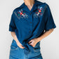 1960s Navy Blue Guazey Cotton Floral Embroidered Shirt - Sz. S/M