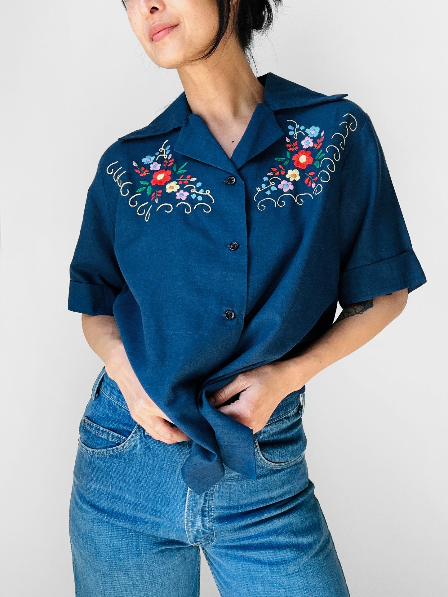 1960s Navy Blue Guazey Cotton Floral Embroidered Shirt - Sz. S/M