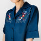 1960s Navy Blue Guazey Cotton Floral Embroidered Shirt - Sz. S/M