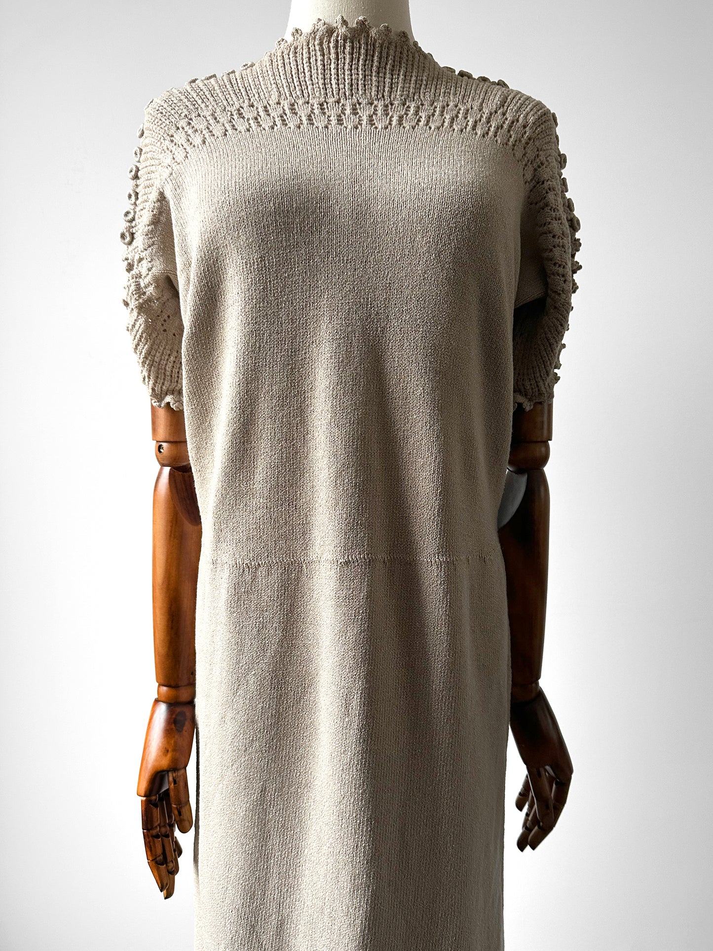 1970s Grey Beige Knit Button Detail Midi-Length Dress - Sz. S/M
