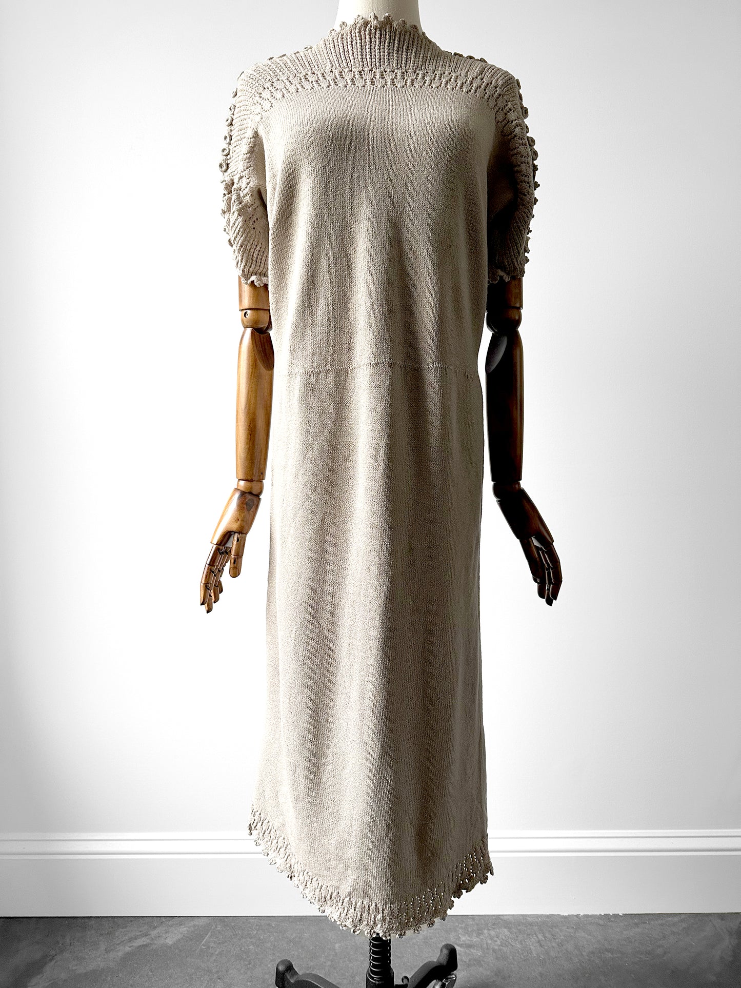 1970s Grey Beige Knit Button Detail Midi-Length Dress - Sz. S/M