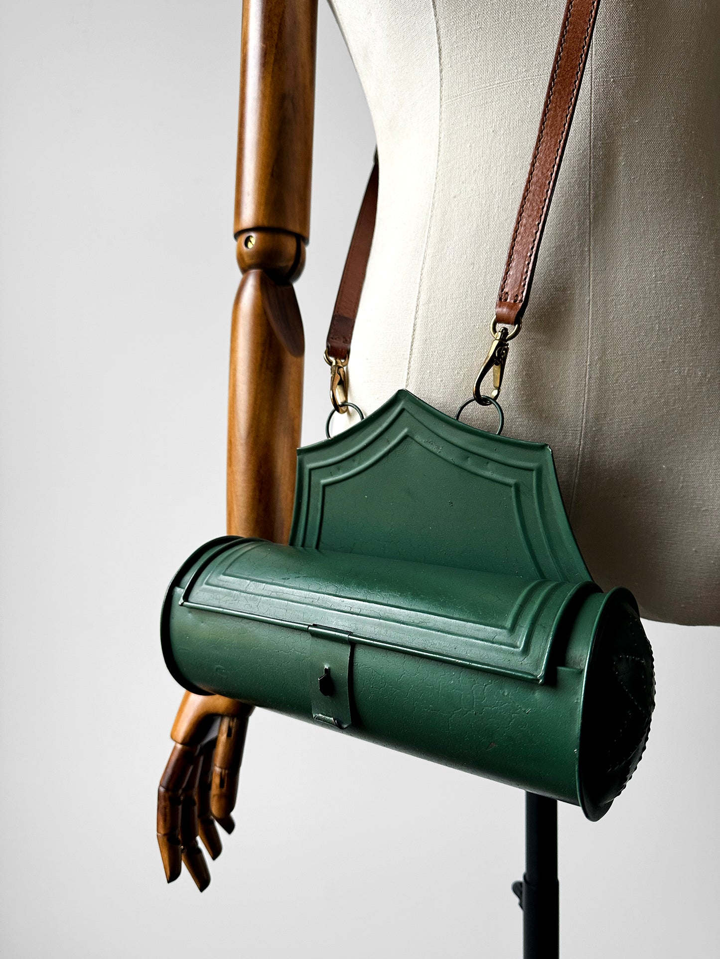 Antique 1800s - 1900s Green Painted Tin Candle Box with Hinged Lid and Leather Crossbody Strap