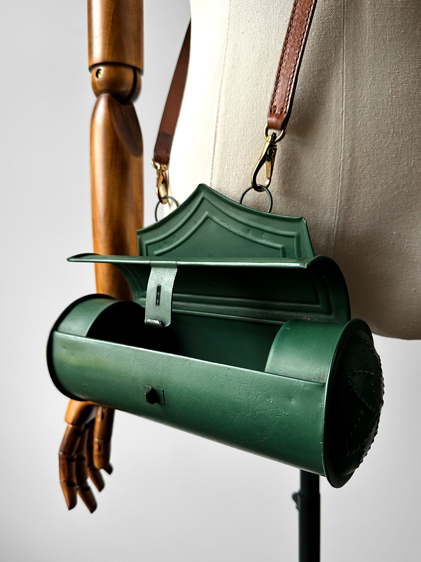 Antique 1800s - 1900s Green Painted Tin Candle Box with Hinged Lid and Leather Crossbody Strap