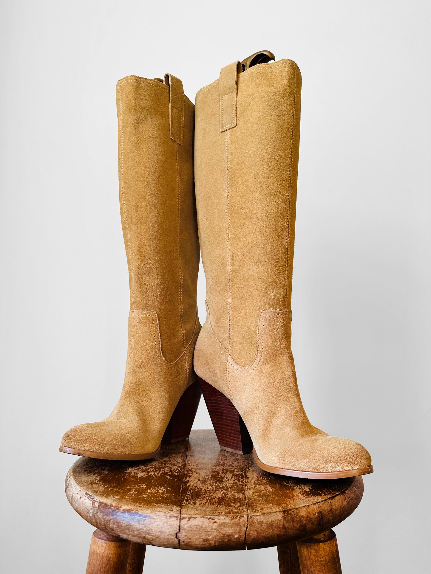 Y2K Tan NATURALIZER Wood-Heeled Suede Leather Knee-High Boots